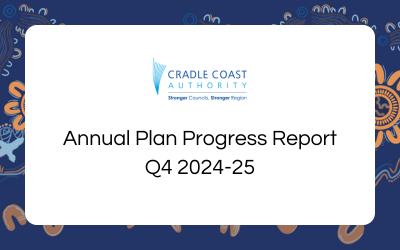 Cradle Coast Authority Annual Plan Progress Report Q4 2024-25 on a blue floral background.