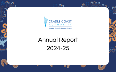 Cradle Coast Authority Annual Report 2024-25 on a white background with blue and orange patterned border.