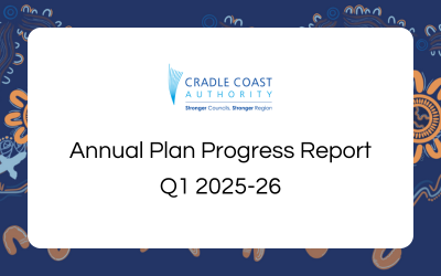 Cradle Coast Authority Annual Plan Progress Report Q1 2025-26 on a floral navy background.