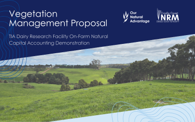 Green farmland with scattered trees under a cloudy sky, text reads "Vegetation Management Proposal".