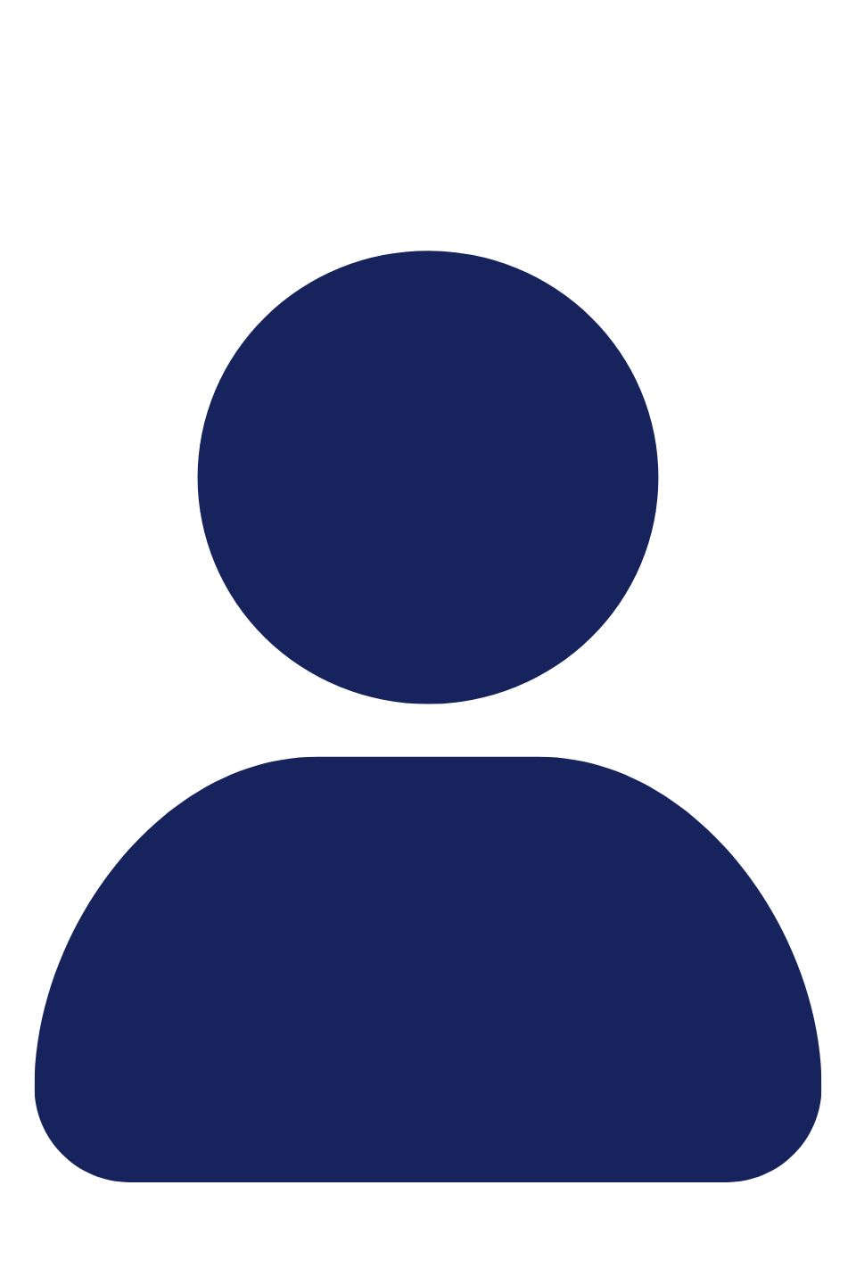 Dark blue user icon with a circular head and shoulders on a white background.