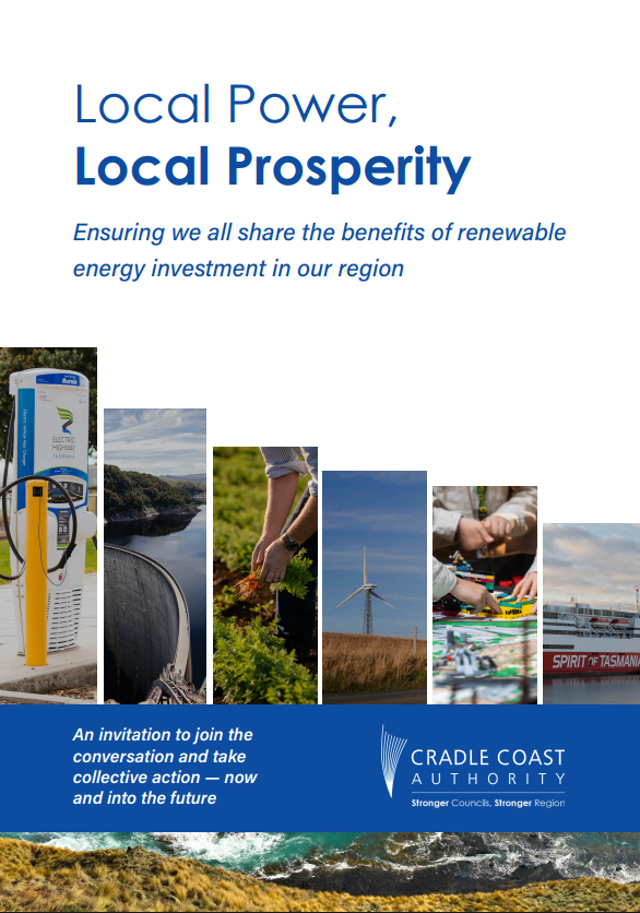 Wind turbines, solar panels, people gathered outdoors; focus on renewable energy sources and community involvement.