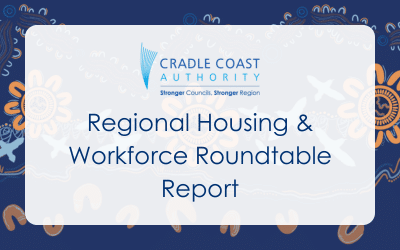 Text reads: Cradle Coast Authority—Regional Housing & Workforce Roundtable Report on a patterned blue and white background.